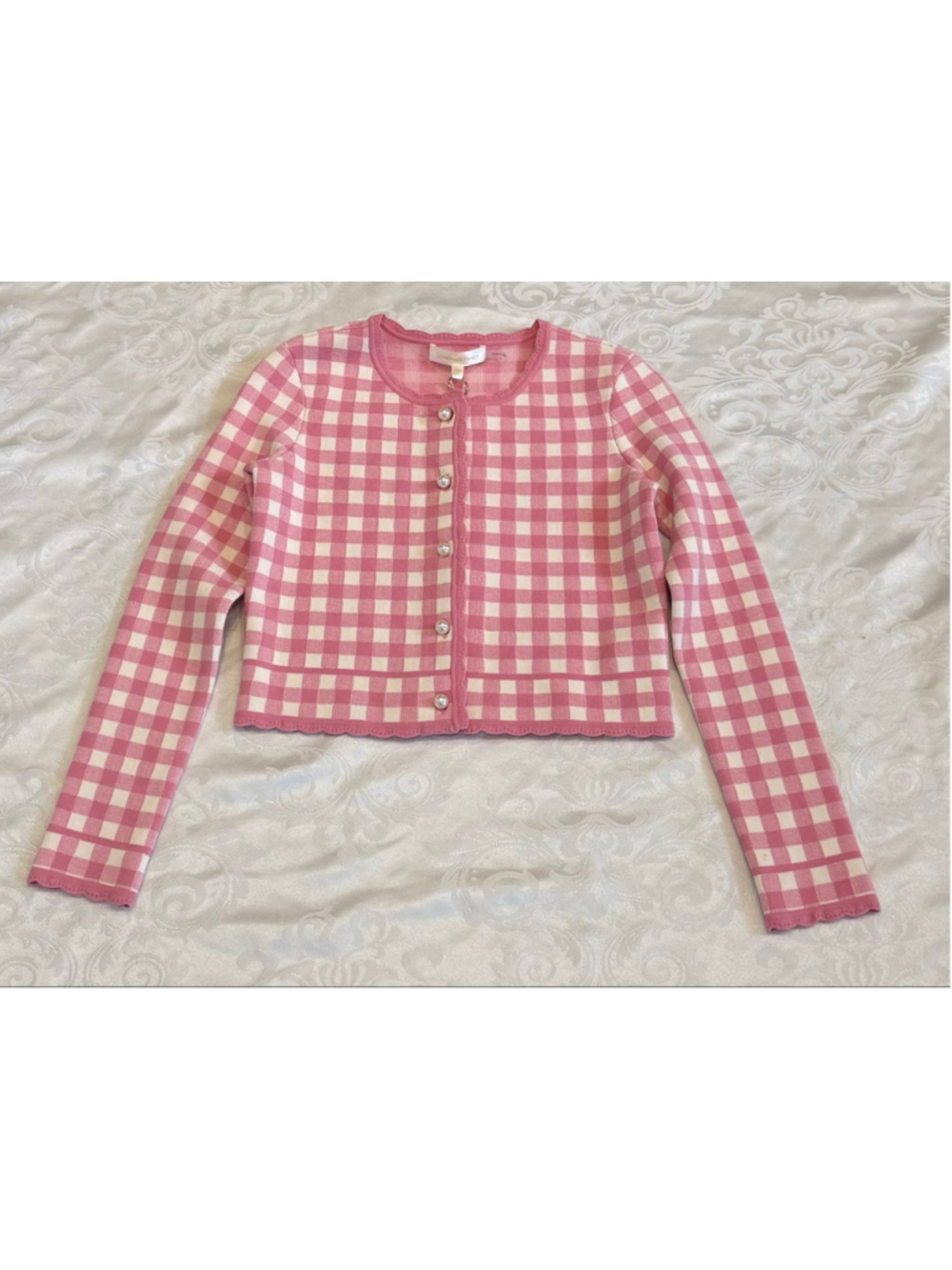 LoveShackFancy Alhambra Gingham Cardigan Jacket Pink Pearl Girls Size 10 NWT - Picture 3 of 7